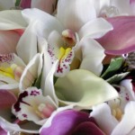 Detail of Cymbidium Orchid and Calla Lily bridal bouquet.