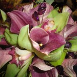 Purple Calla Lily and green Cymbidium Orchid bouquet with gems.