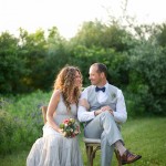 The couple show off their coordinating personalities and wedding flowers.
