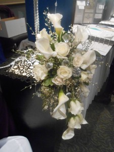 Large crystals give this cascade bridal bouquet a modern edge.
