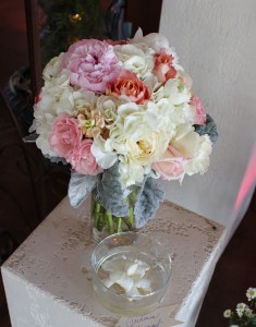 Gorgeous rustic elegance bouquet of Hydrangea, Peonies, Garden Roses and Dusty Miller.