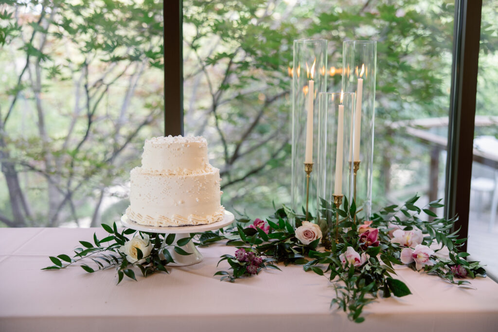 Wedding cake table with flowers and candles